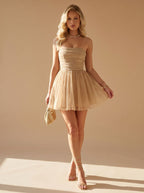 Robe courte plissée sans bretelles pour femme | Robe de fête scintillante