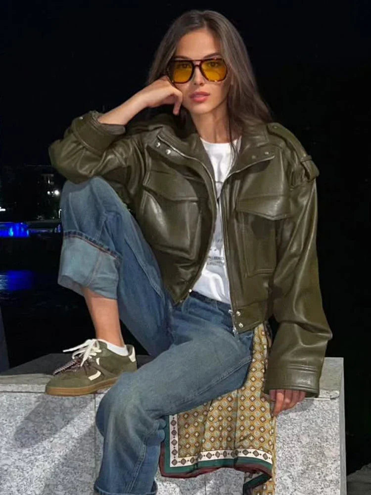 Women's Cropped Faux Leather Utility Jacket