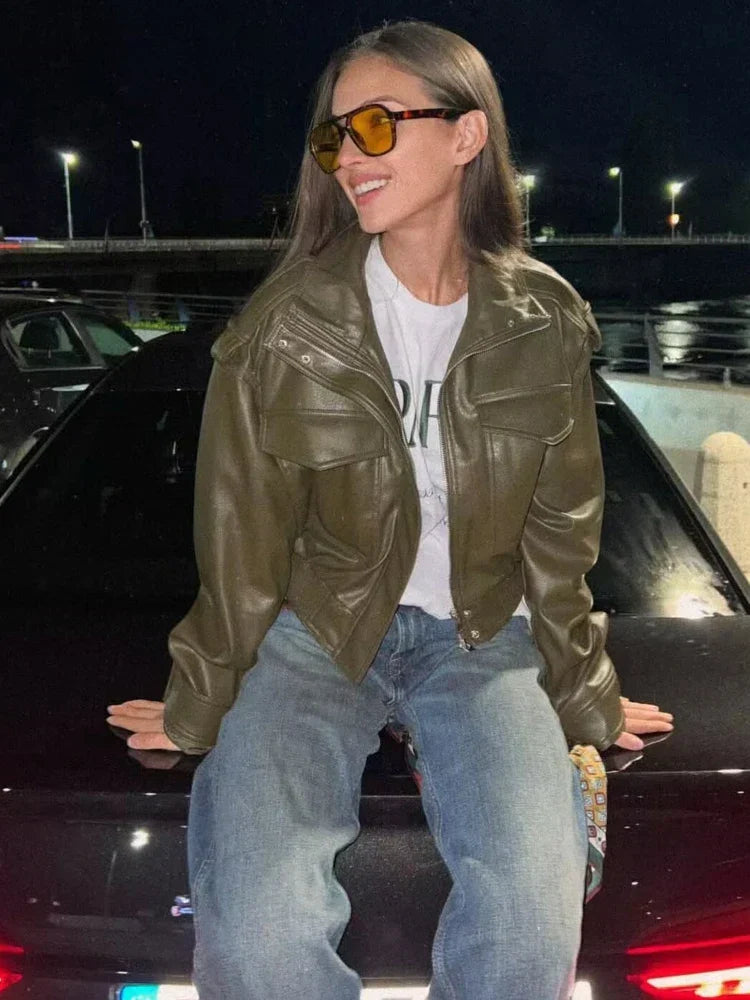 Women's Cropped Faux Leather Utility Jacket