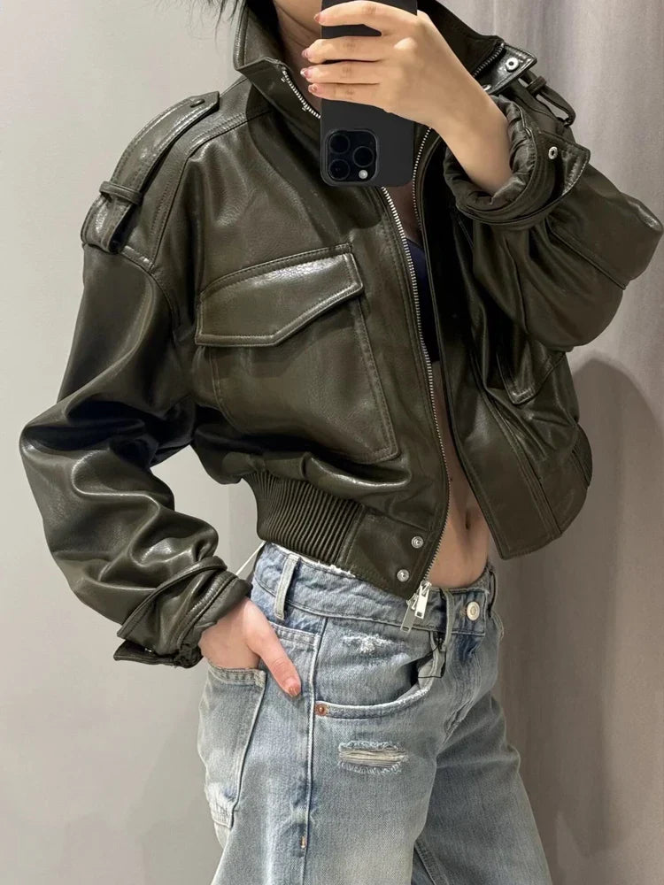 Women's Cropped Faux Leather Utility Jacket