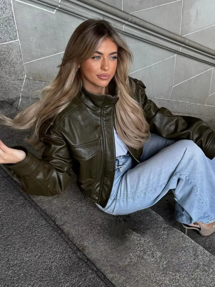 Women's Cropped Faux Leather Utility Jacket