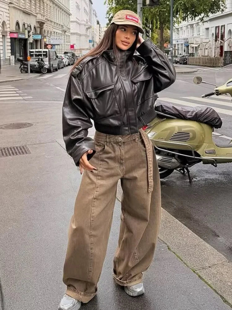 Women's Cropped Faux Leather Utility Jacket