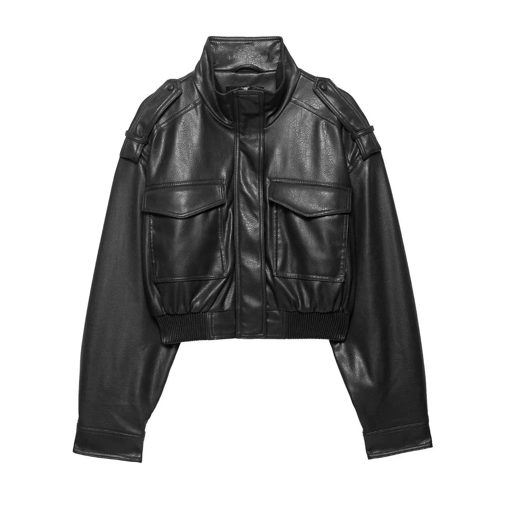 Women's Cropped Faux Leather Utility Jacket