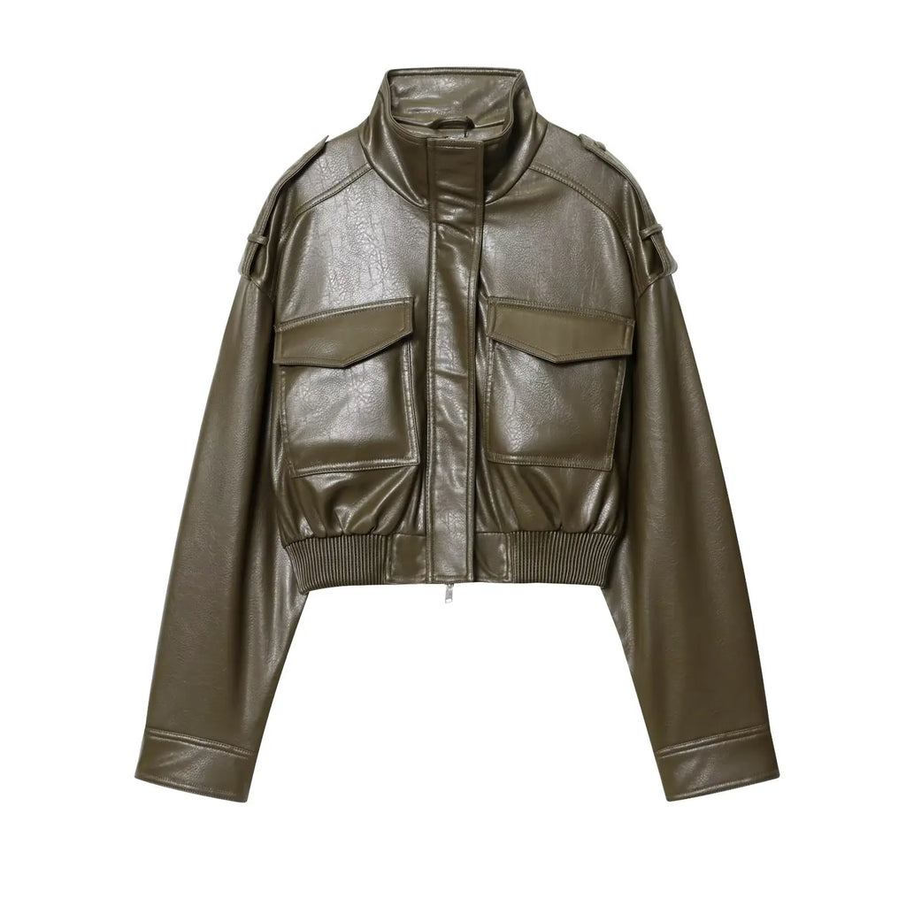 Women's Cropped Faux Leather Utility Jacket