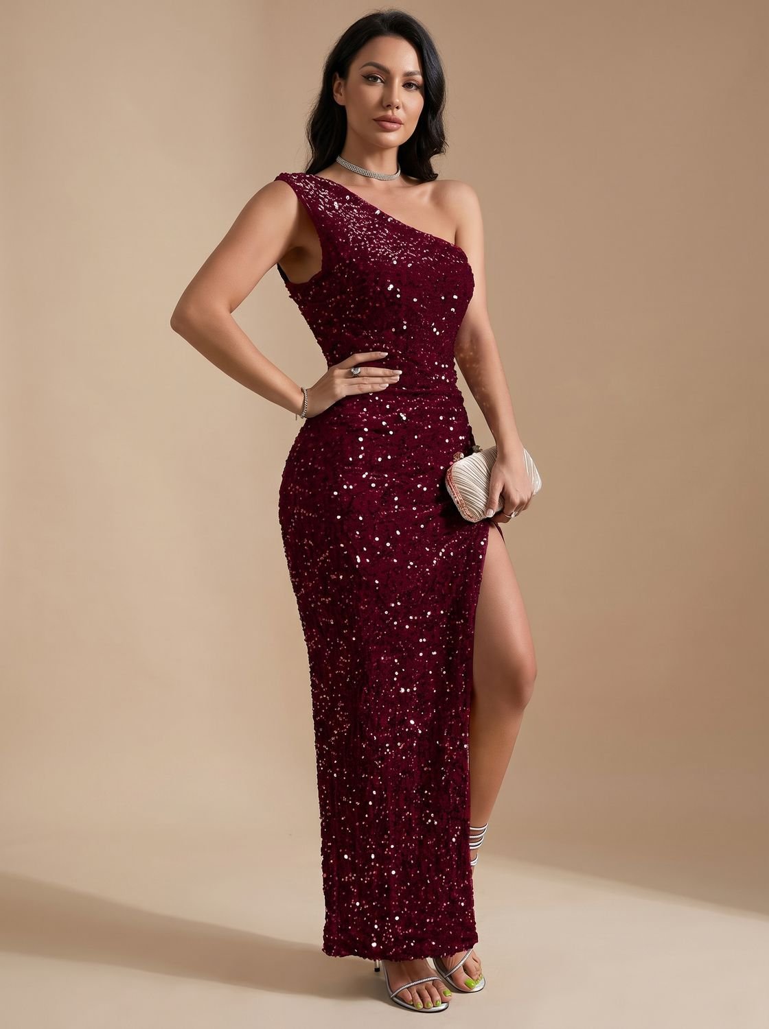 Robe longue asymétrique à sequins pour femme avec fente haute