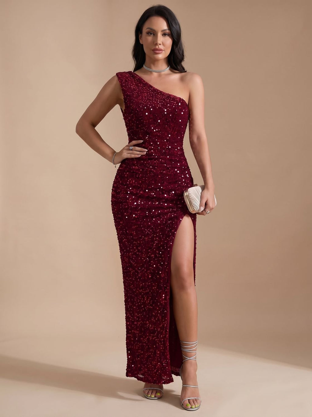 Robe longue asymétrique à sequins pour femme avec fente haute