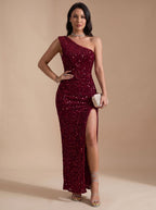 Robe longue asymétrique à sequins pour femme avec fente haute