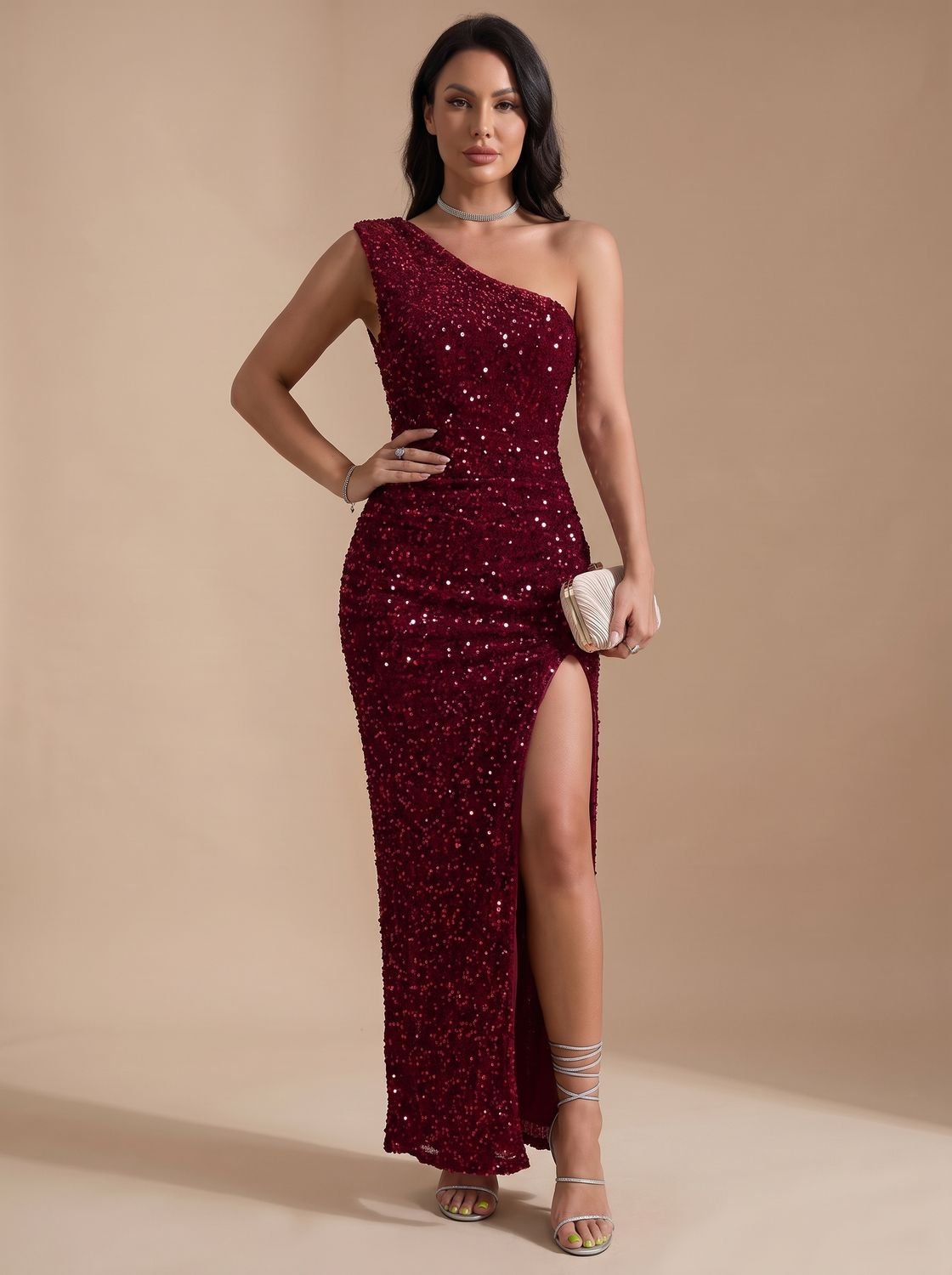 Robe longue asymétrique à sequins pour femme avec fente haute