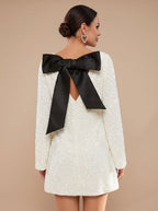 Women's Sequin Mini Dress | Bell Sleeve Party Dress with Bow