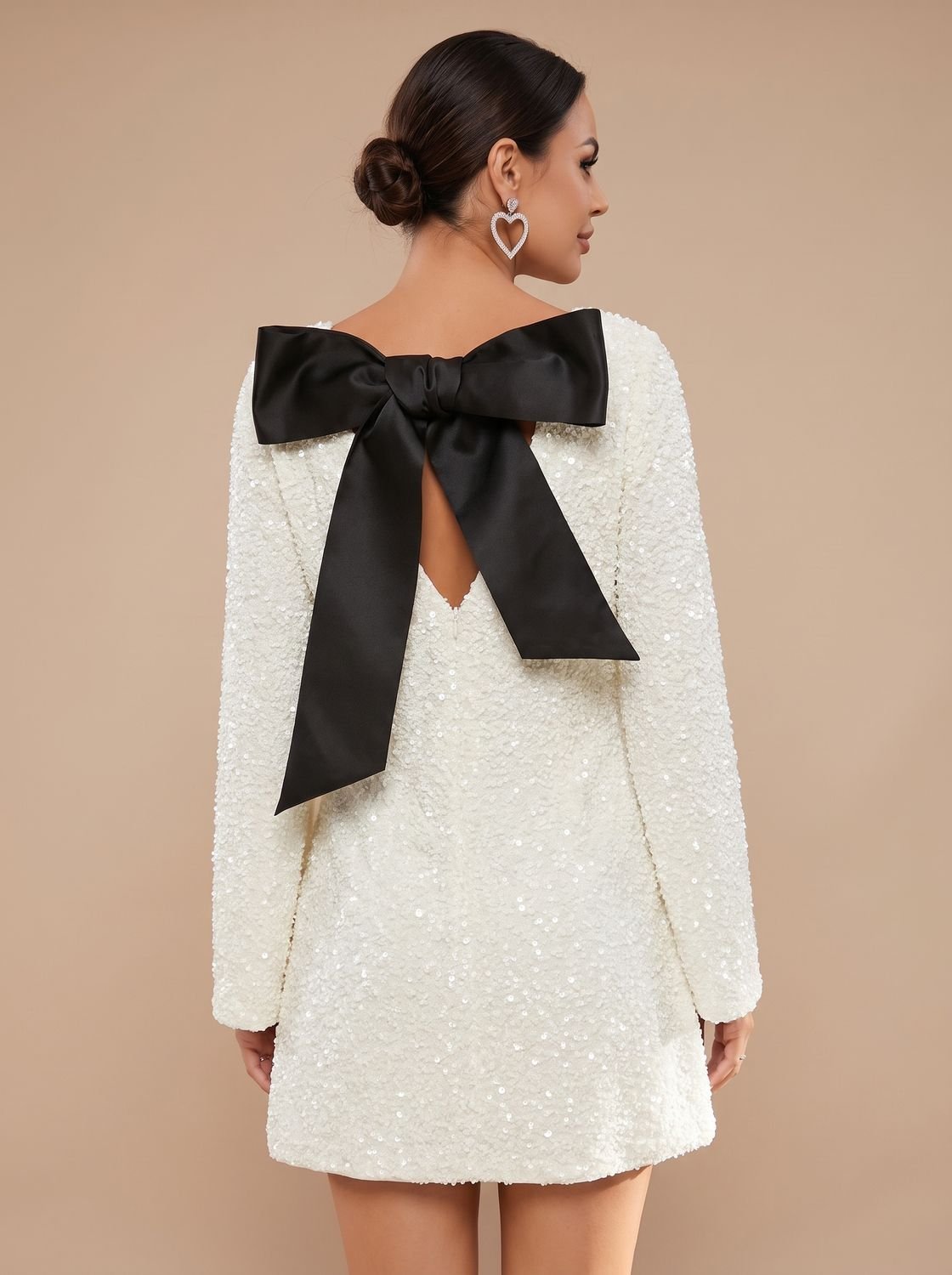Women's Sequin Mini Dress | Bell Sleeve Party Dress with Bow