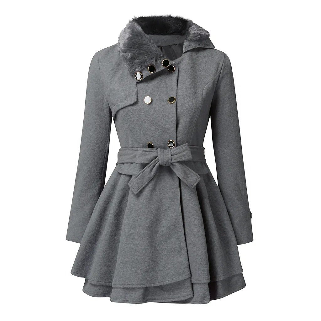 Women's Tiered Trench Coat with Faux Fur Collar