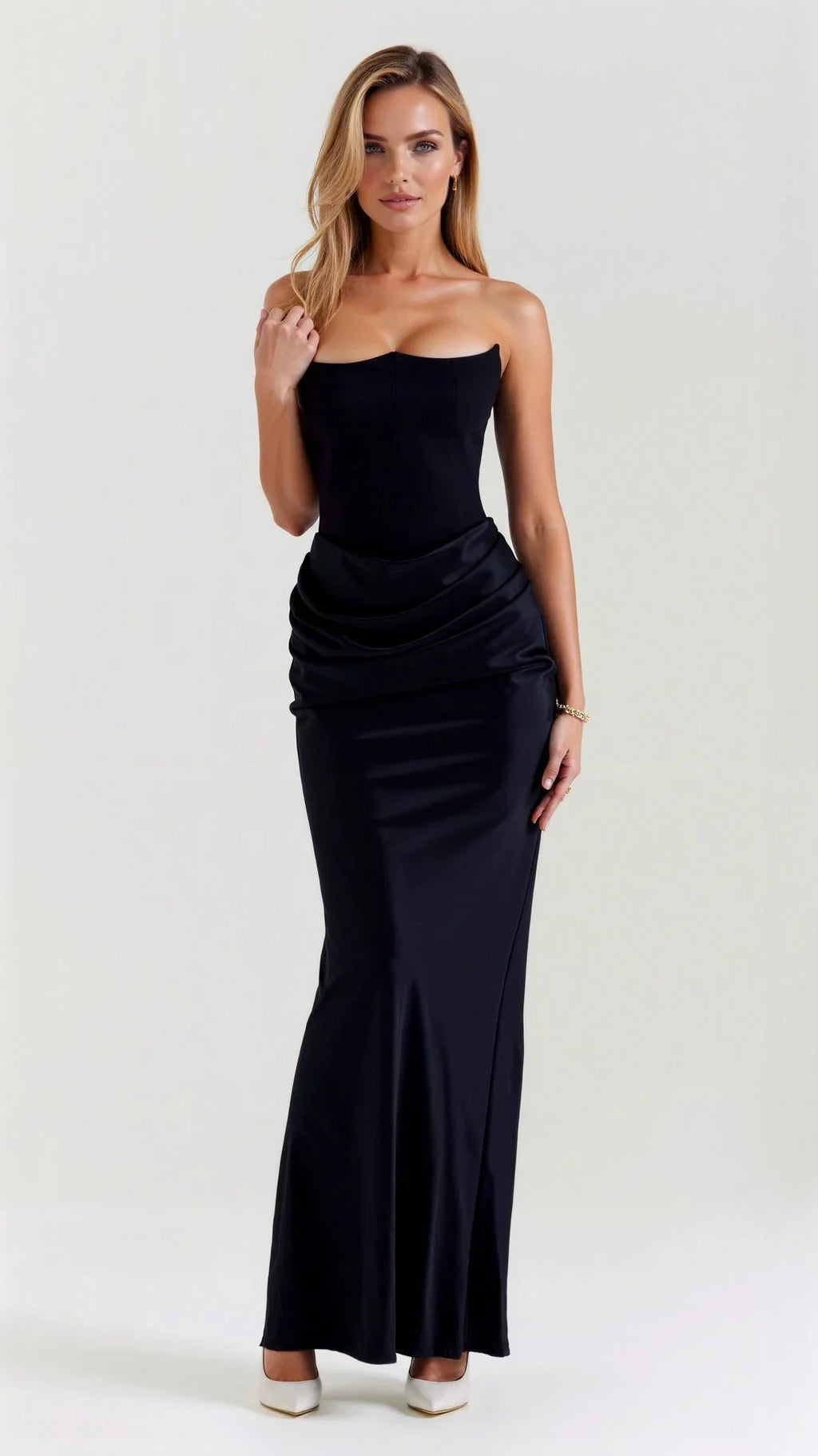Robe longue drapée sans bretelles pour femme