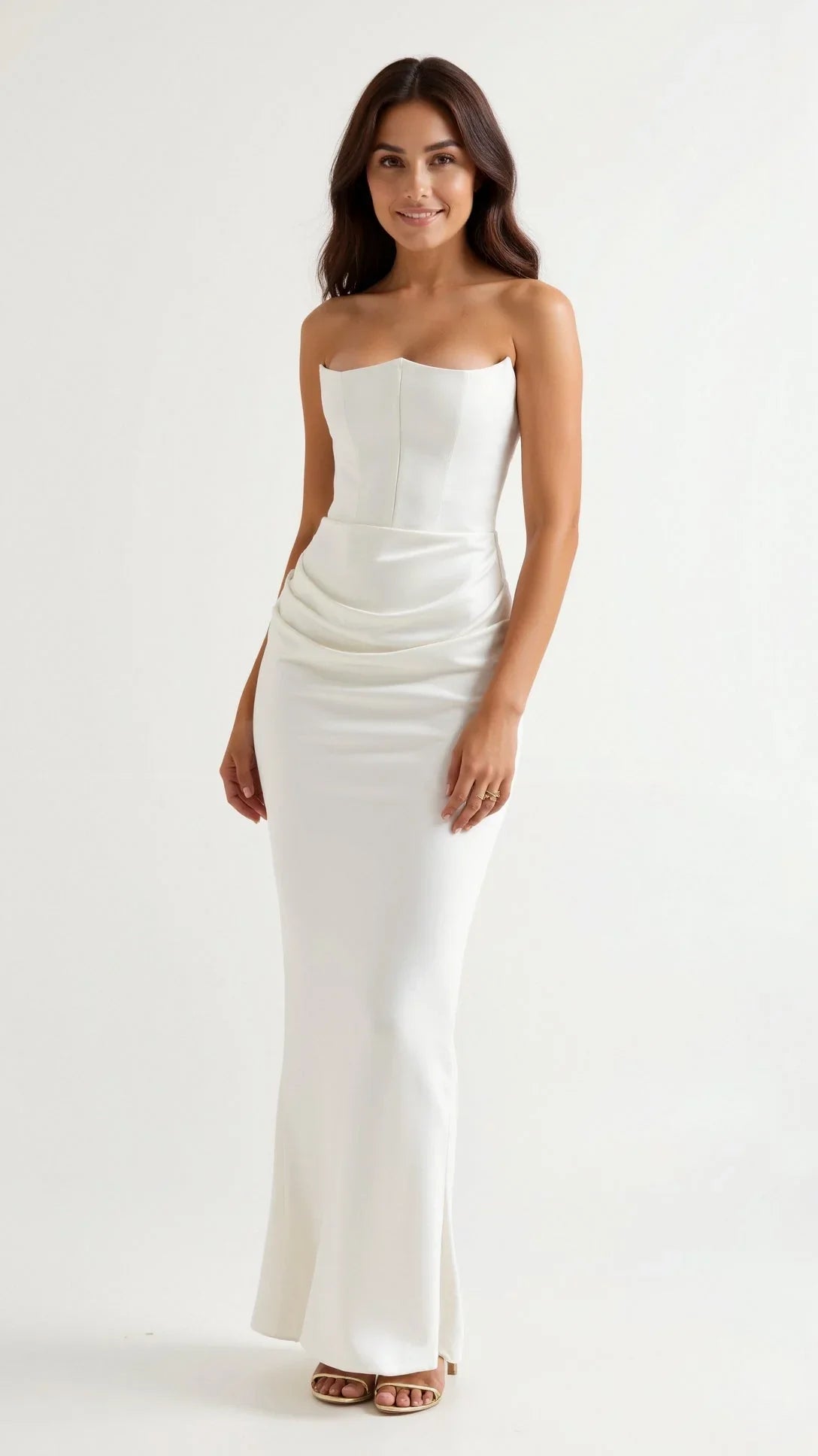 Robe longue drapée sans bretelles pour femme