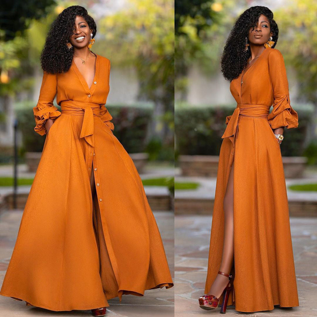 Women's Long Sleeve Maxi Dress | A-Line V-Neck