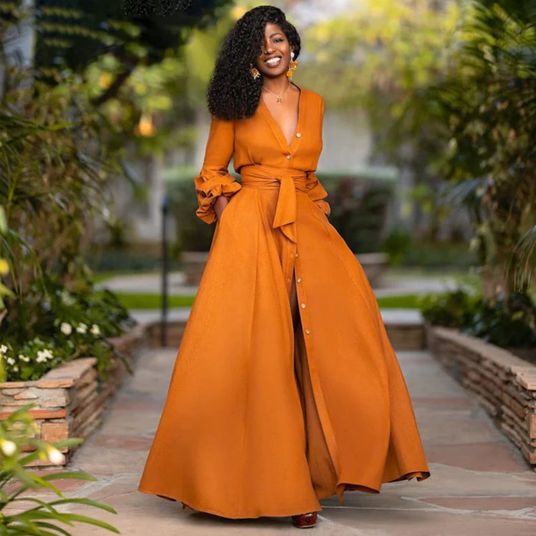 Women's Long Sleeve Maxi Dress | A-Line V-Neck
