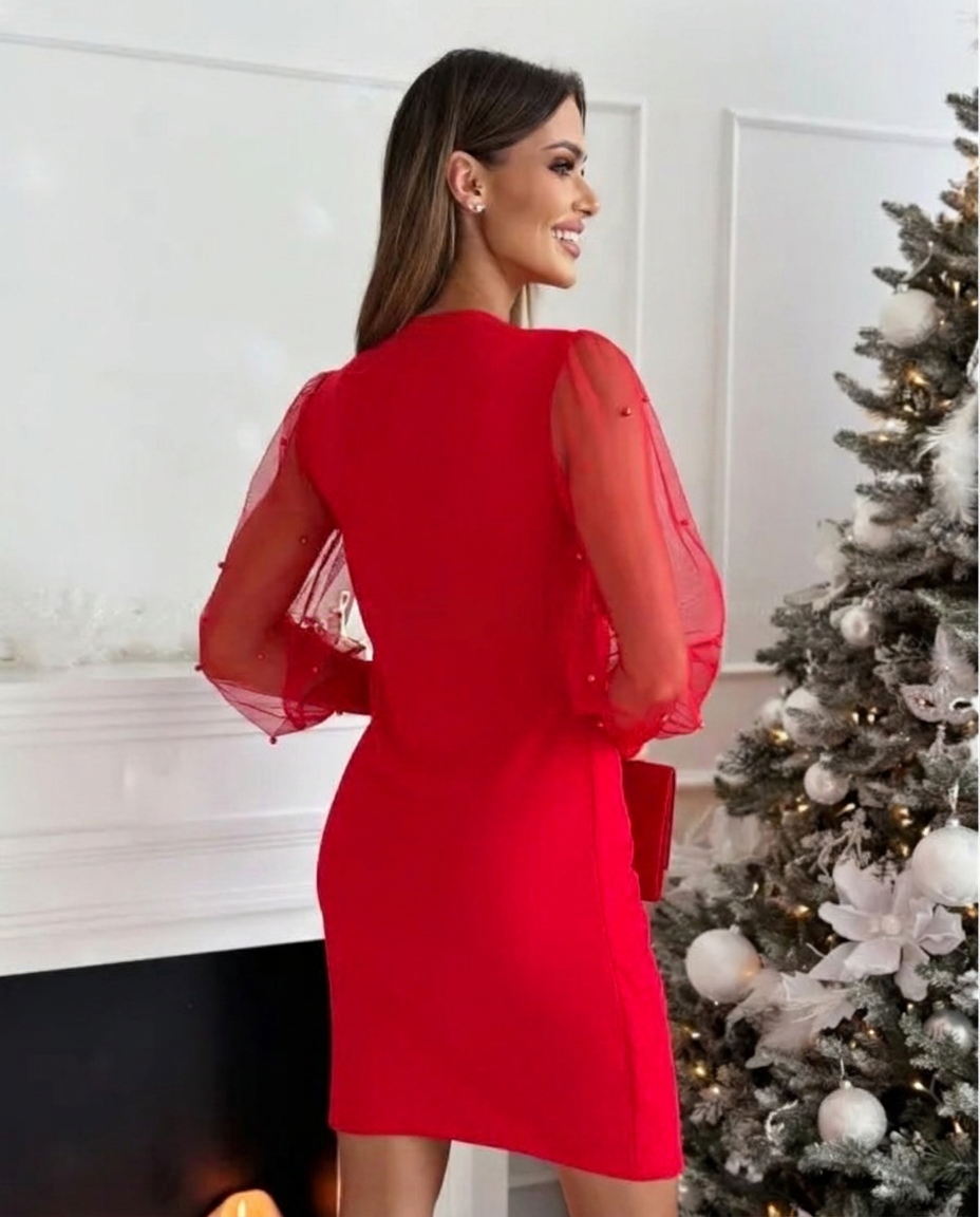 Robe de soirée de Noël pour femme | Col V et manches transparentes perlées