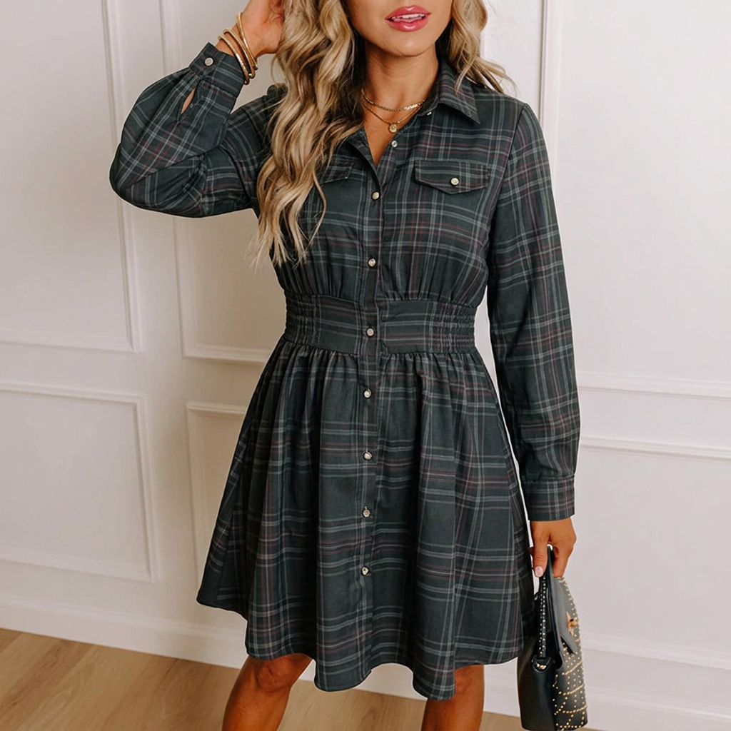 Robe-chemise à manches longues pour femme | Imprimé à carreaux