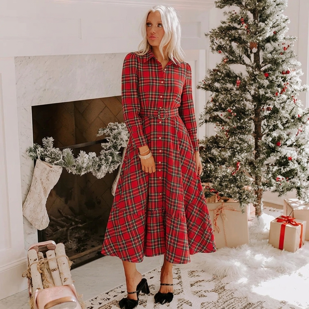 Women's Plaid Midi Dress with Tie Waist
