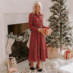 Women's Plaid Midi Dress with Tie Waist