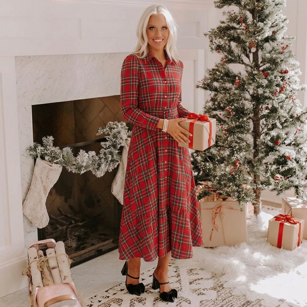 Women's Plaid Midi Dress with Tie Waist
