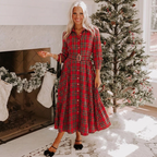 Women's Plaid Midi Dress with Tie Waist