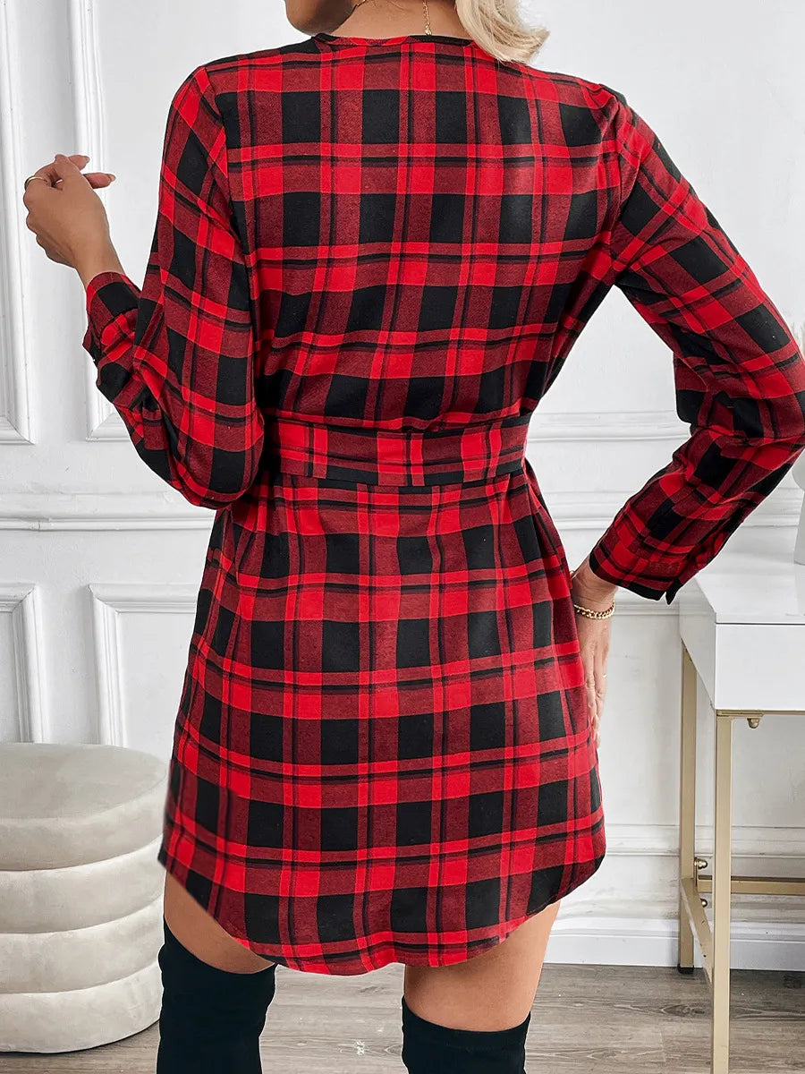 Women's Red Plaid Mini Dress with Tie Waist
