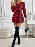 Women's Red Plaid Mini Dress with Tie Waist