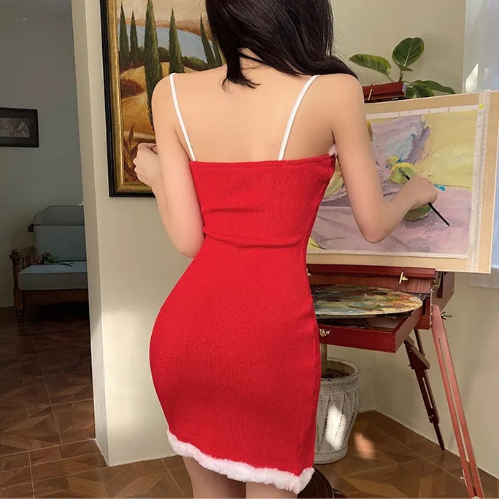 Women's Red Christmas Party Dress | Cami Mini with Fluffy Trim