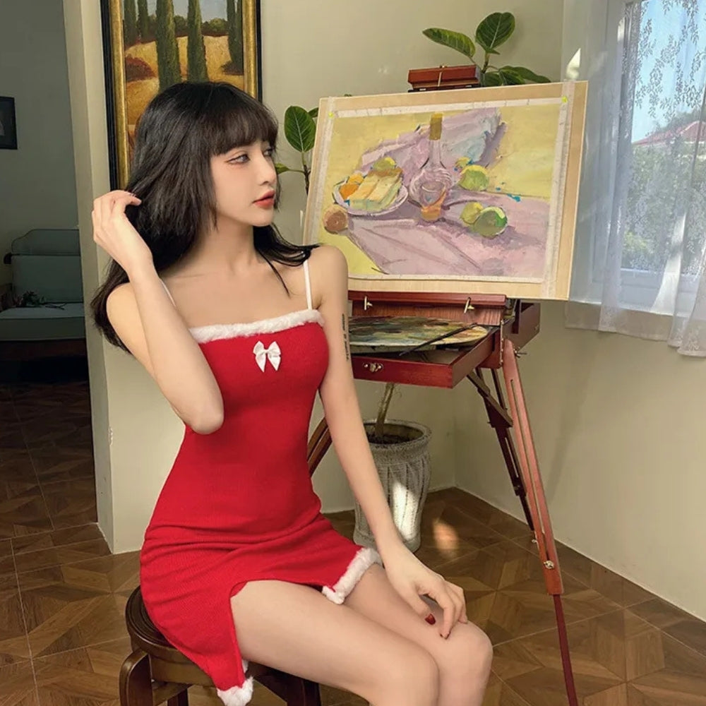 Women's Red Christmas Party Dress | Cami Mini with Fluffy Trim