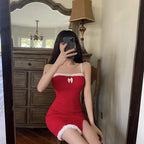 Women's Red Christmas Party Dress | Cami Mini with Fluffy Trim