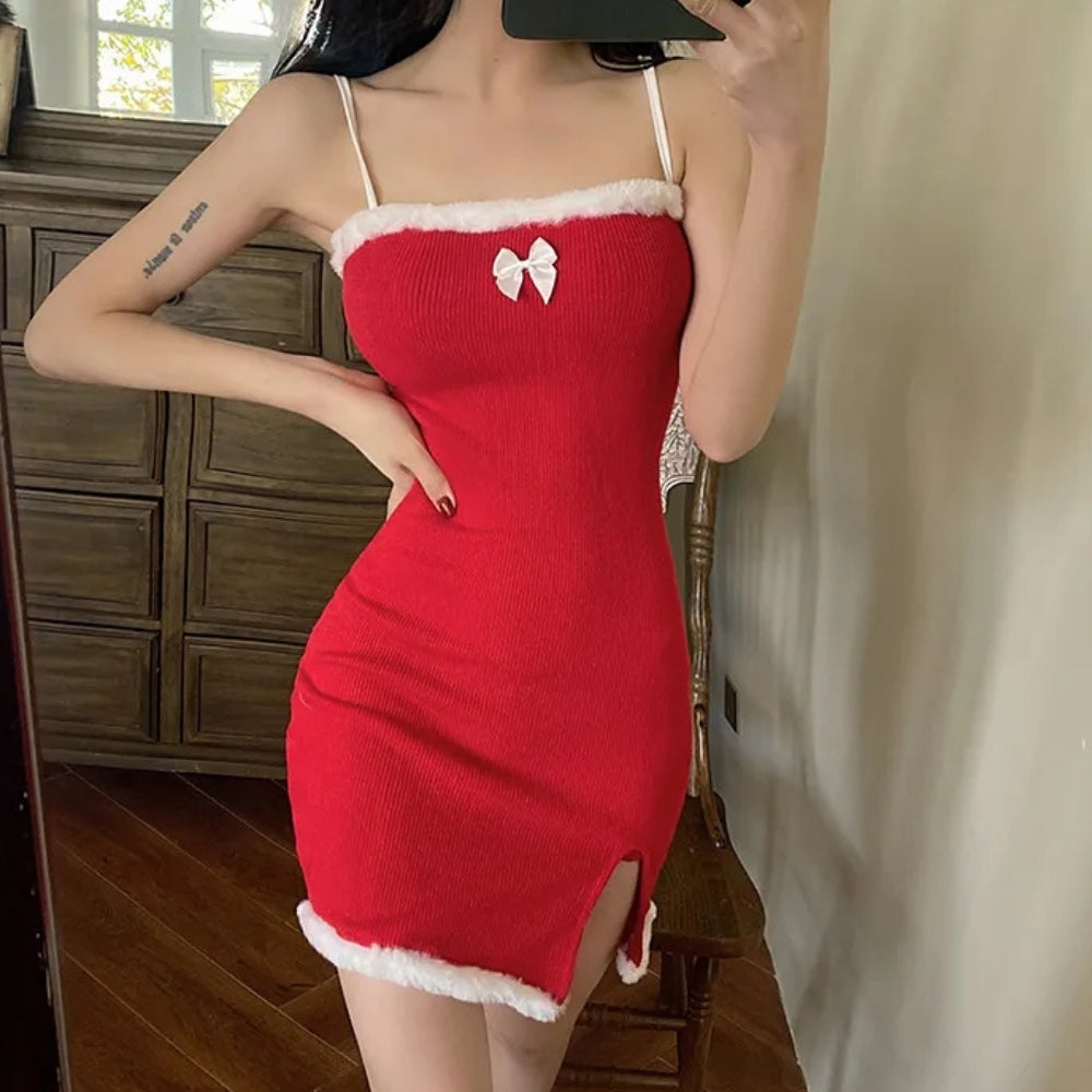 Women's Red Christmas Party Dress | Cami Mini with Fluffy Trim