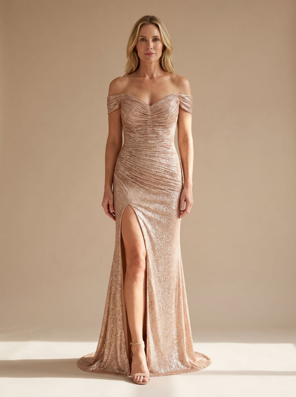 Women's Off-Shoulder Sequin Maxi Dress with Slit