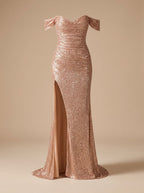 Women's Off-Shoulder Sequin Maxi Dress with Slit