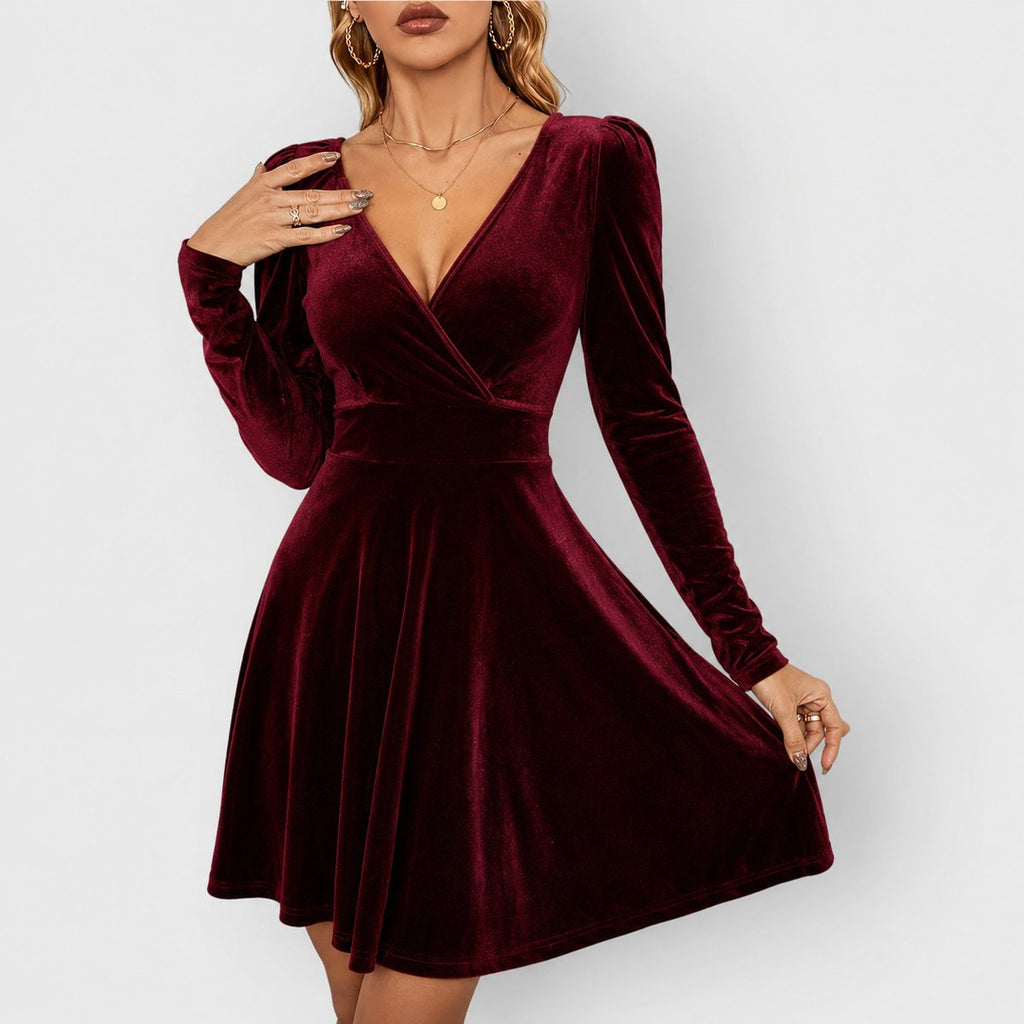 Robe portefeuille courte en velours pour femme | Manches longues, col en V