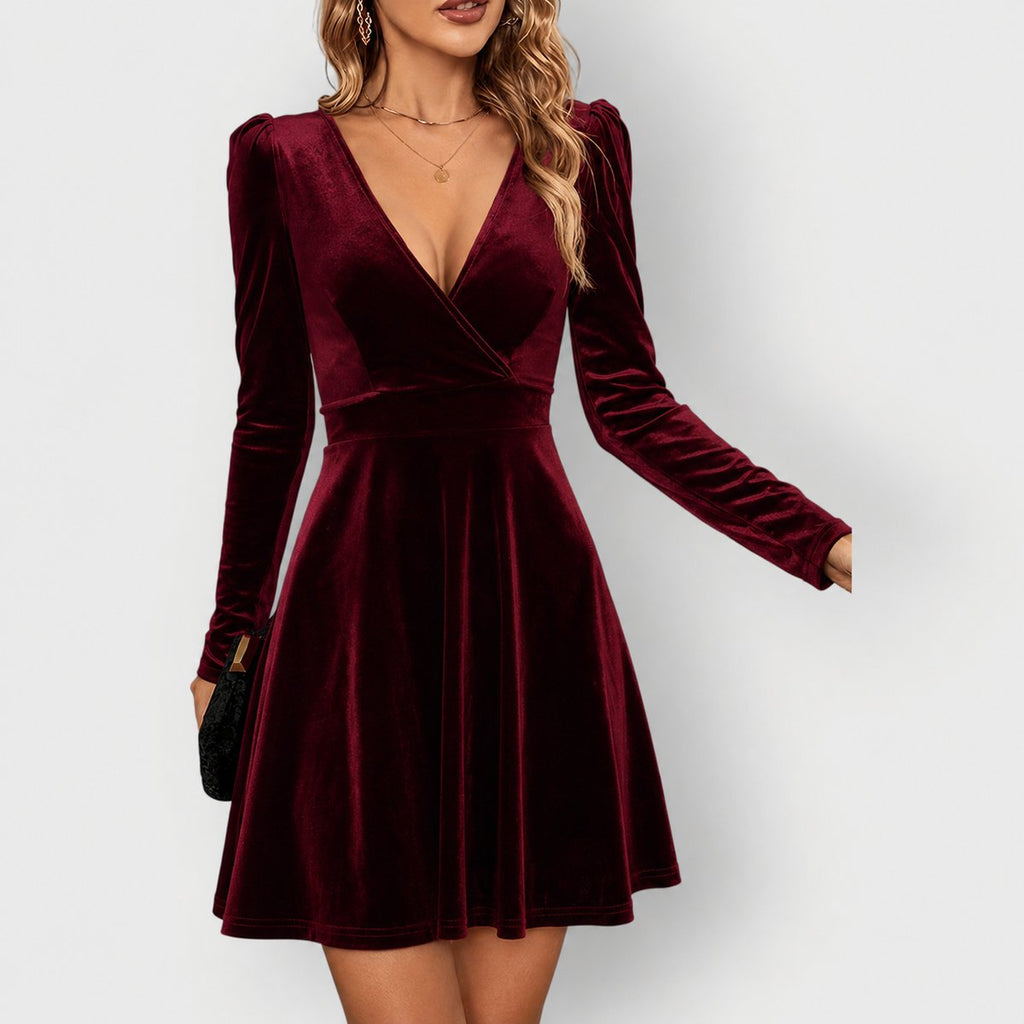 Robe portefeuille courte en velours pour femme | Manches longues, col en V