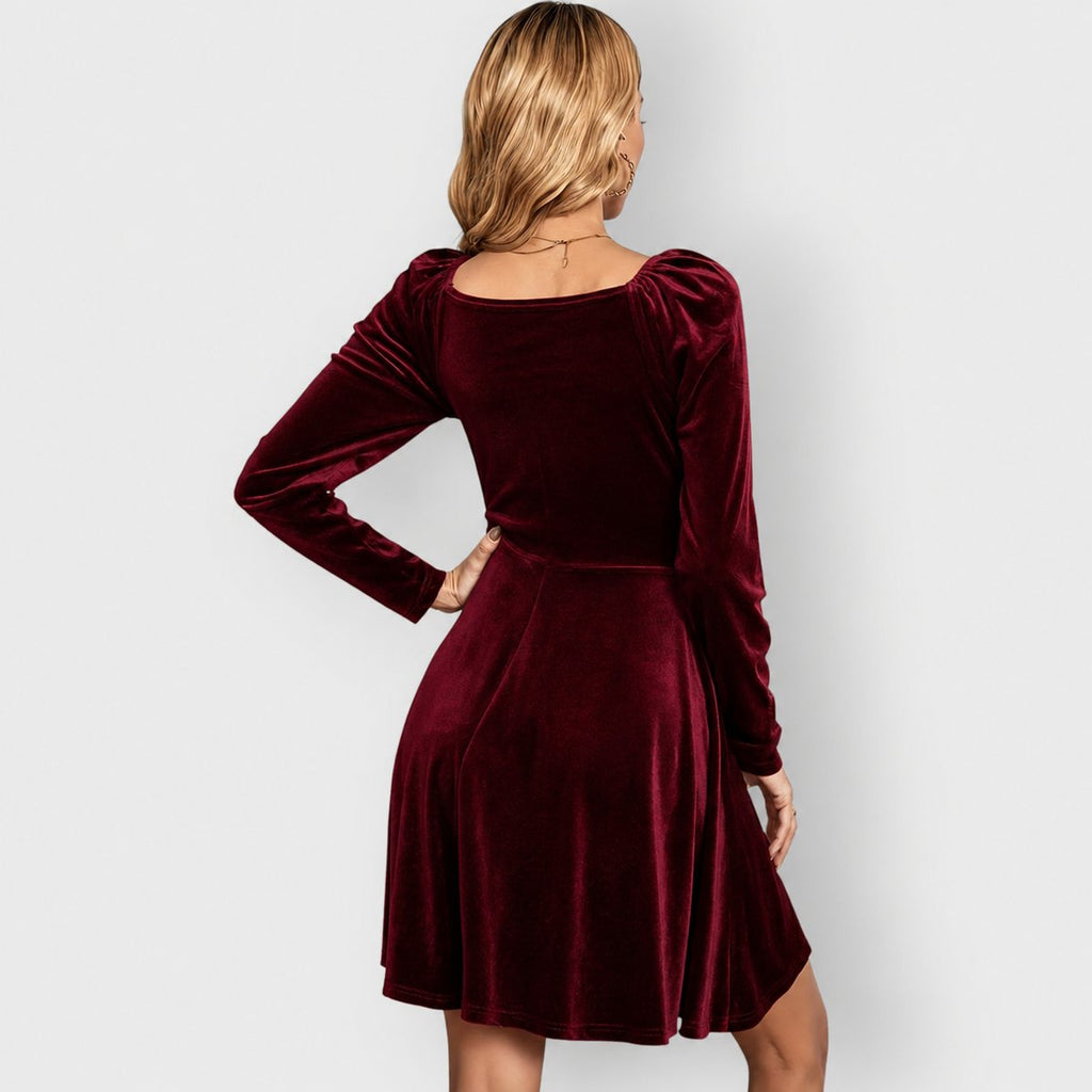 Robe portefeuille courte en velours pour femme | Manches longues, col en V